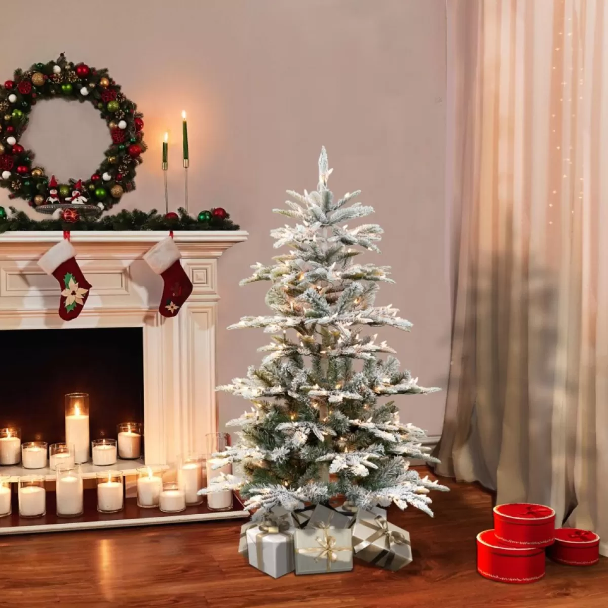 Puleo International Christmas Trees | 4.5' Pre-Lit Slim Flock Aspen Fir Christmas Tree