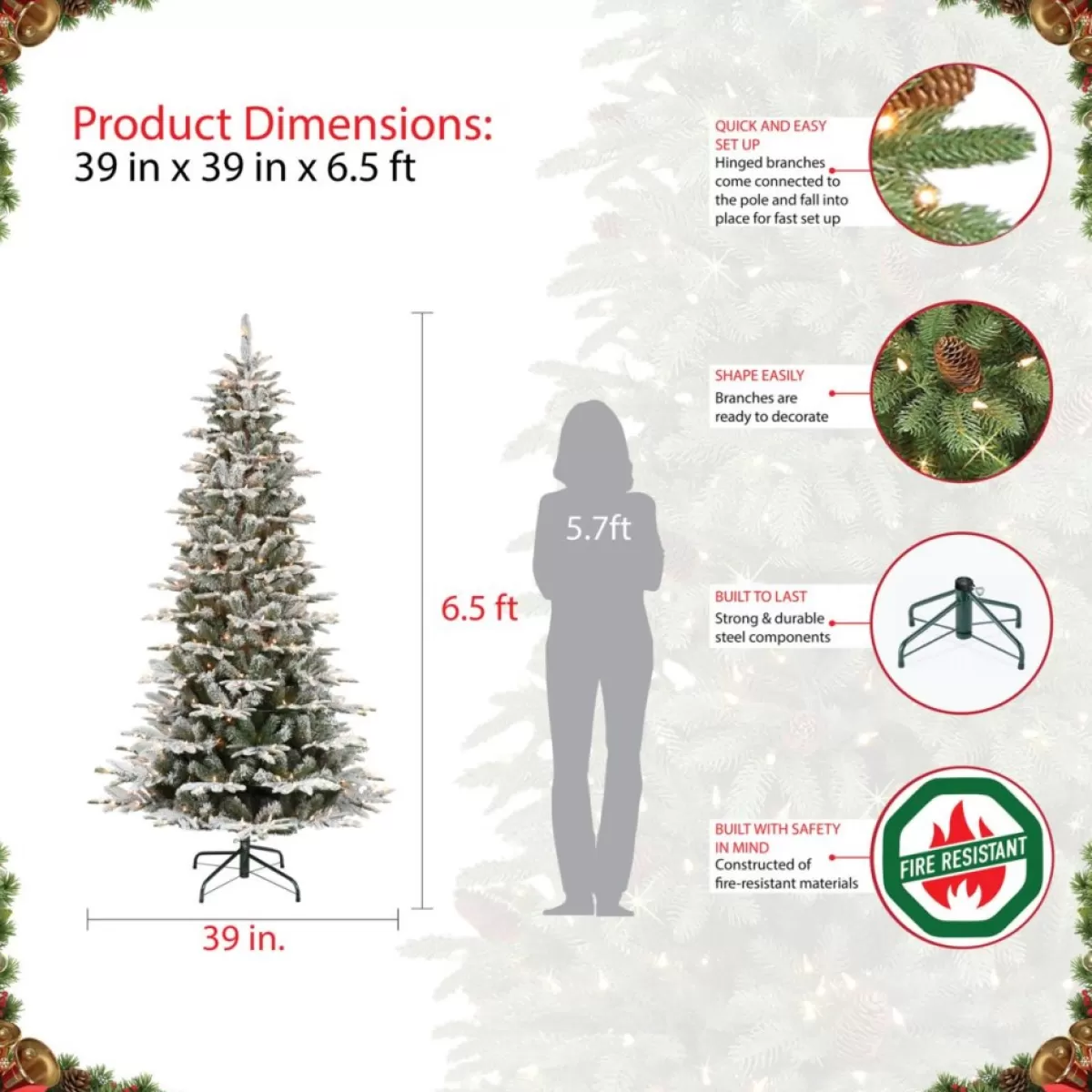 Puleo International Christmas Trees | 6.5' Pre-Lit Slim Flock Aspen Fir Christmas Tree