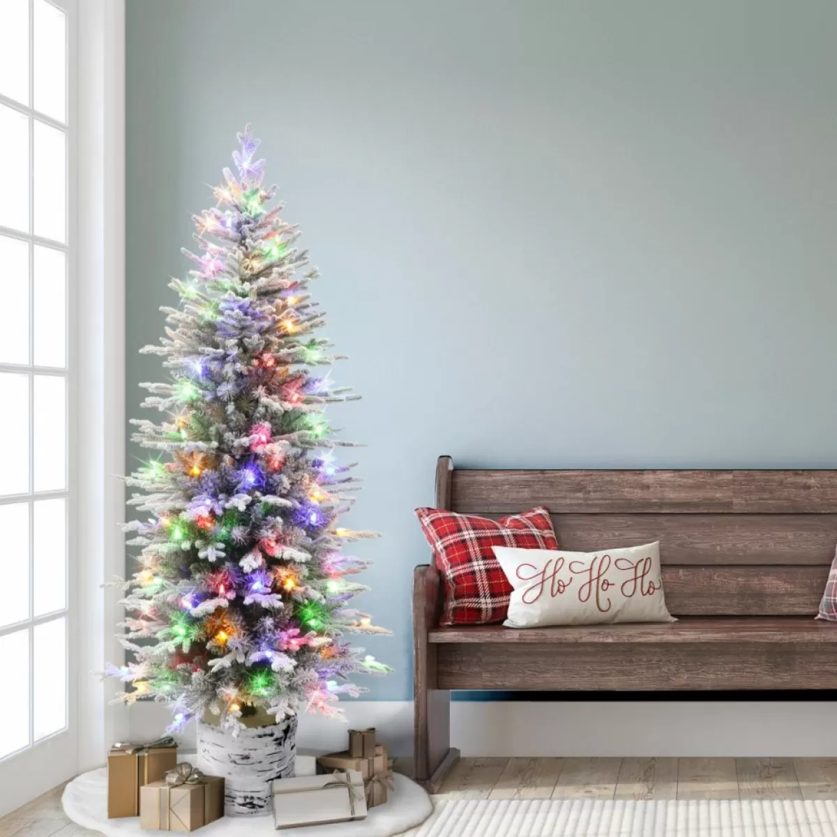 Puelo International Christmas Trees | Puleo International 6' Pre-Lit Potted Flocked Arctic Fir Pencil Tree