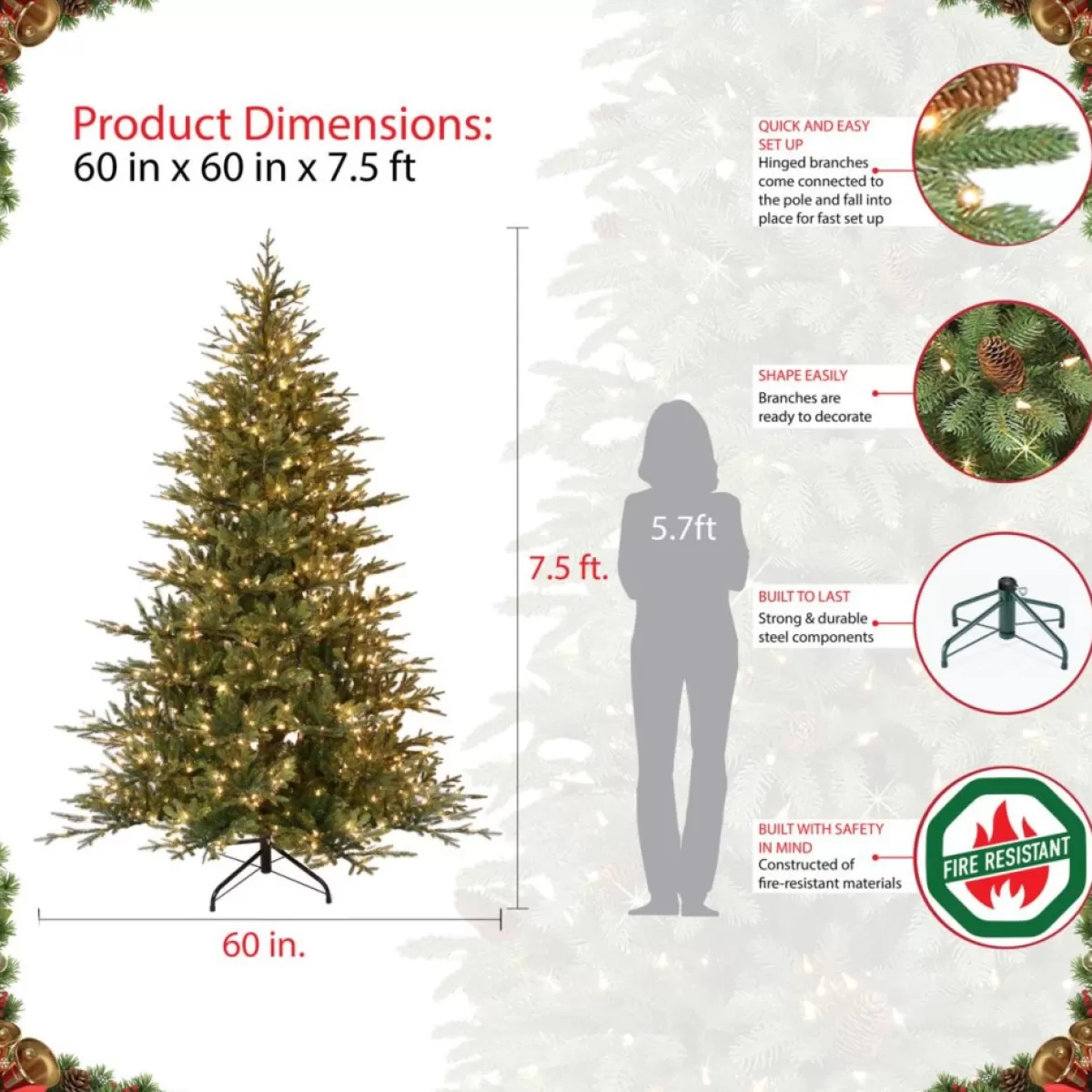 Puleo International Christmas Trees | 7.5' Pre-Lit Balsam Fir Christmas Tree