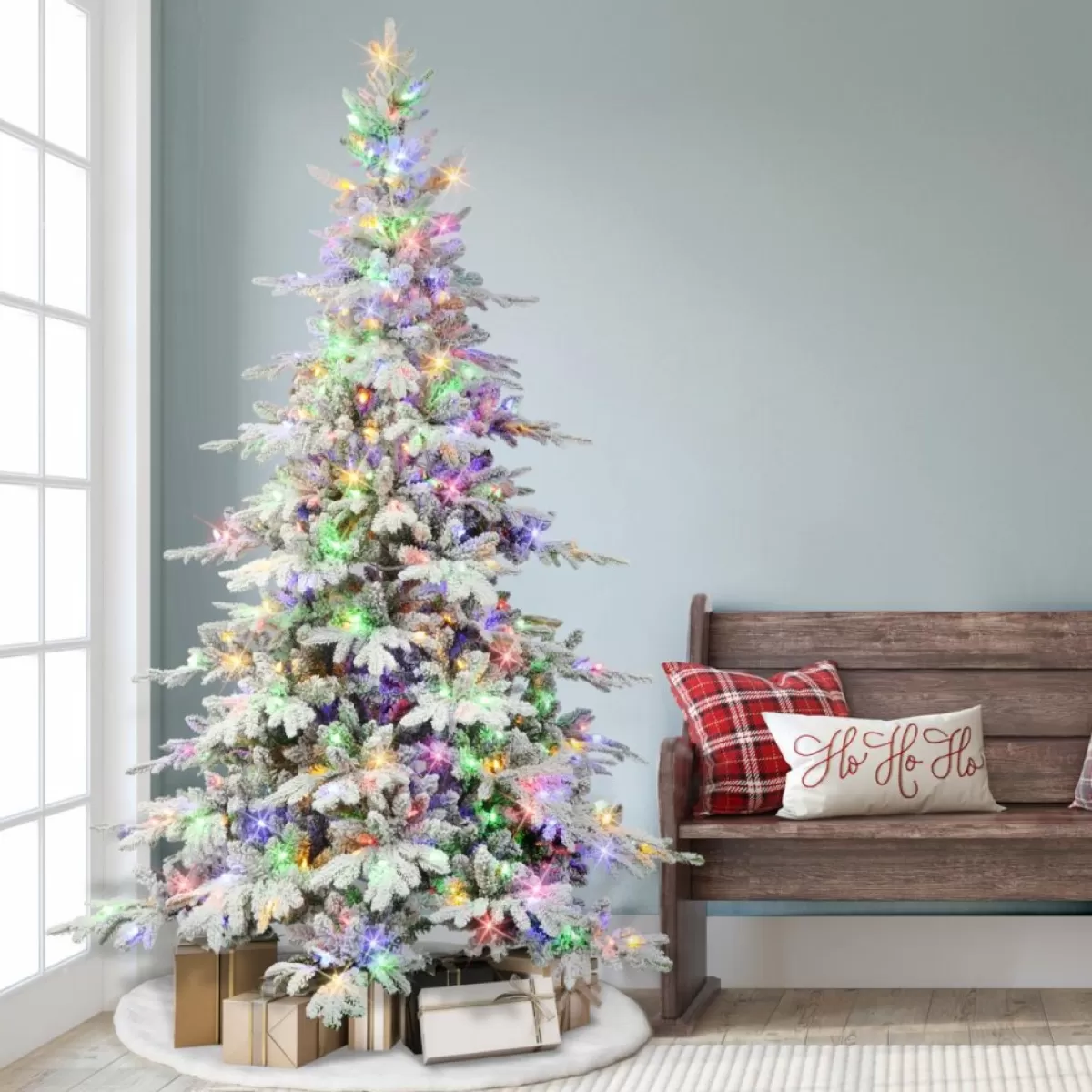 Puleo International Christmas Trees | 7' Pre-Lit Flocked Utah Fir Tree, 500 Led Lights