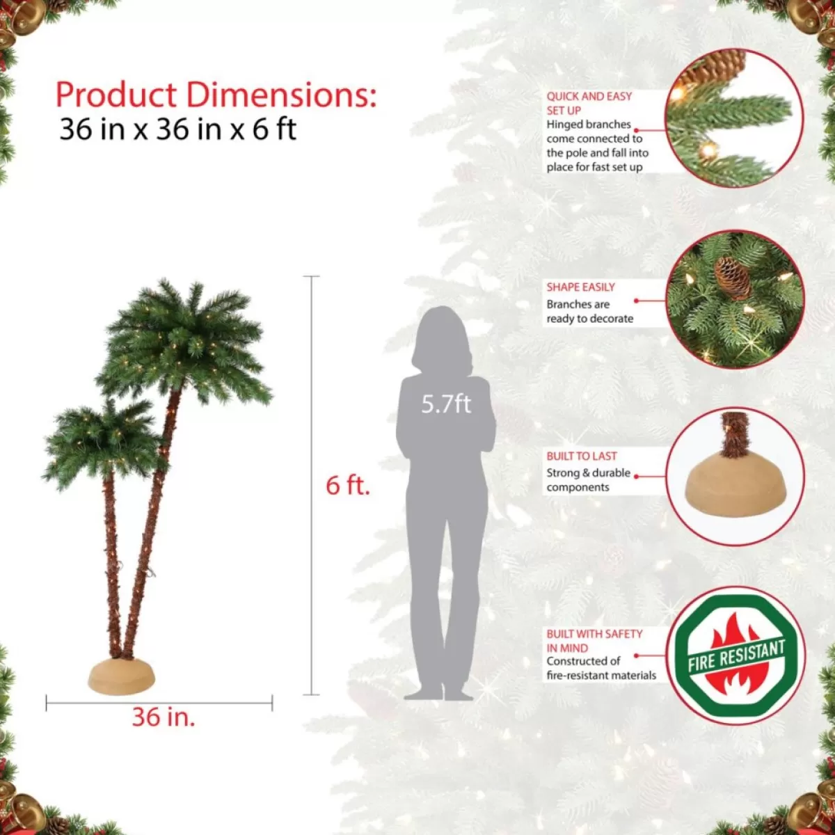 Puleo International Christmas Trees | Premium 3.5'/6' Artificial Palm Tree W/ 175 Lights