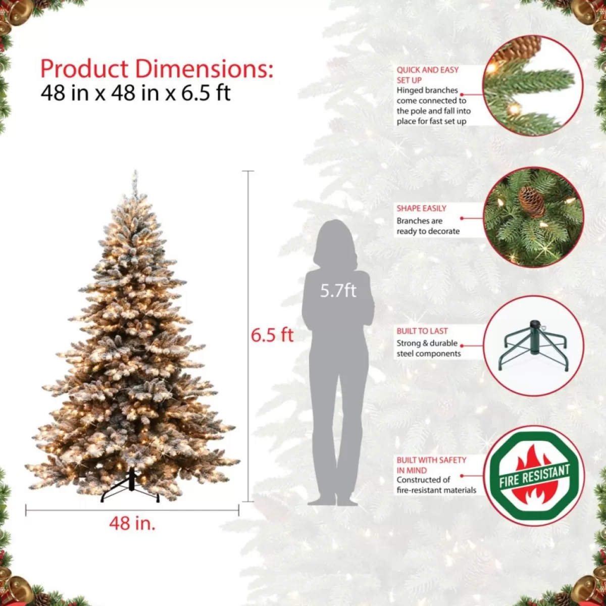 Puleo International Christmas Trees | Puleo Intl. 6.5' Pre-Lit Royal Majestic Spruce Green Tree Flocked Tree