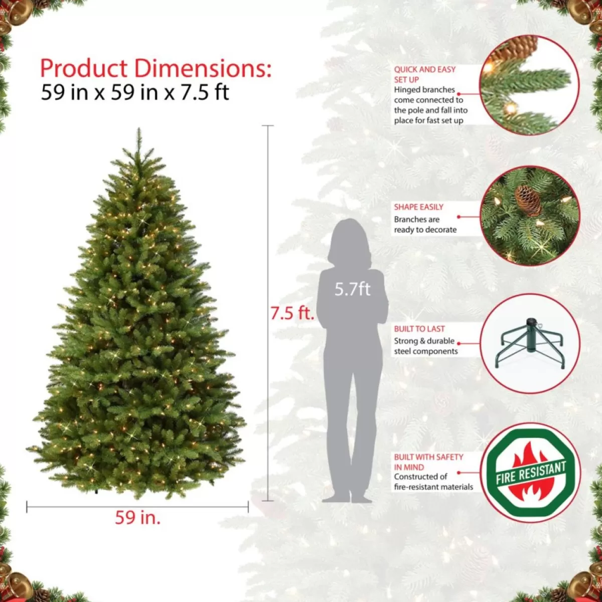 Puleo International Christmas Trees | Puleo Intl. 7.5' Pre-Lit Franklin Fir Grand Artificial Christmas Tree